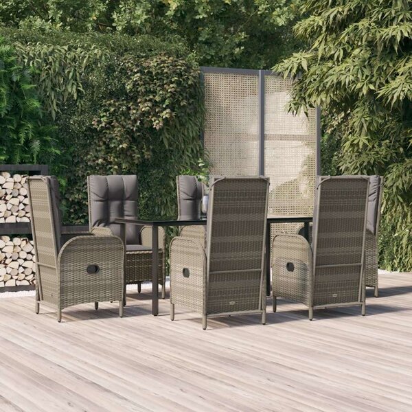 VidaXL 7 részes fekete és szürke polyrattan kerti étkezőszett párnával