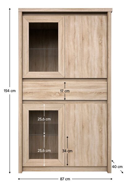 Vitrines szekrény, DTD laminált, tölgy sonoma, NORTY TYP 7