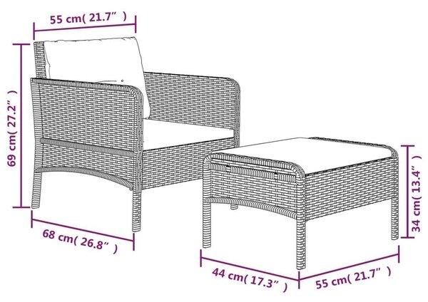 VidaXL Polyrattan Kerti Fotel Lábtartóval - Fekete
