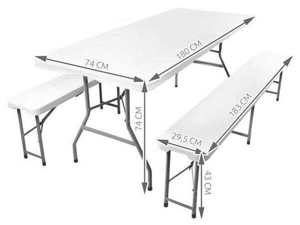 BipiLine Összecsukható Kerti Asztal Szett 180x72x72cm, Törtfehér