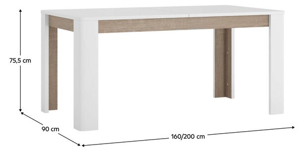 Széthúzható étkezőasztal, fehér extra magasfényű HG/sonoma tölgy sötét trufla, 160-200x90 cm, LYNATET TYP 75