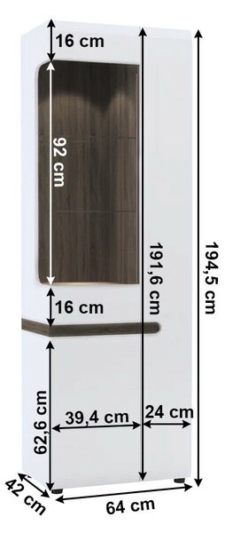 Vitrin, fehér extra magas fényű HG/trufla sonoma tölgy, balos, LYNATET 01