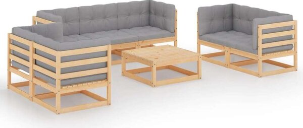 Fenyőfa Kertbútor Szett - 8 részes - Szürke Párnákkal