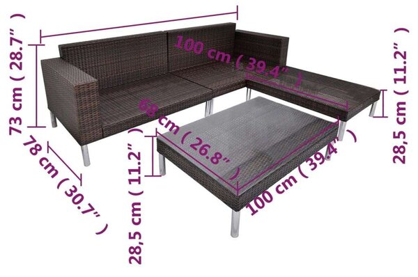VidaXL 4-részes barna polyrattan kerti bútorszett párnákkal