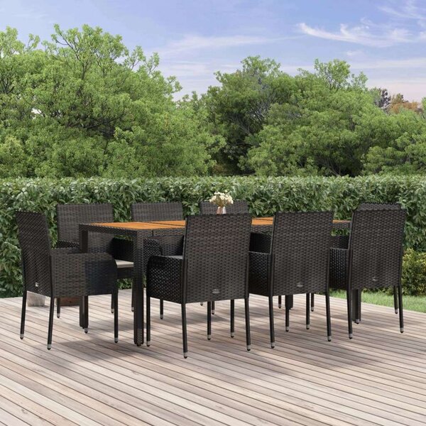 9 részes fekete polyrattan kerti ülőgarnitúra párnákkal