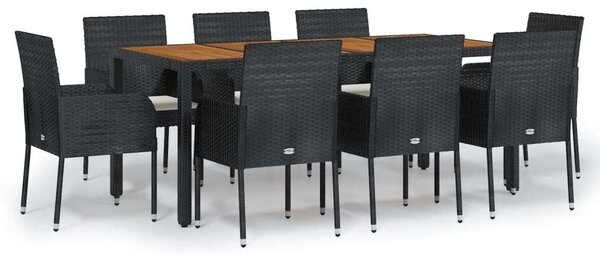 9 részes fekete polyrattan kerti ülőgarnitúra párnákkal