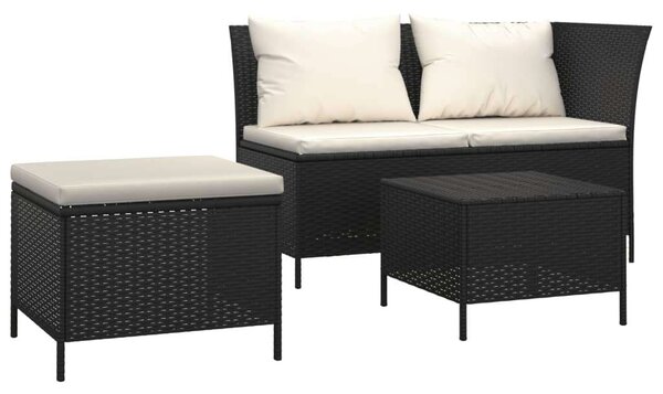 3 részes fekete polyrattan kerti ülőgarnitúra párnákkal