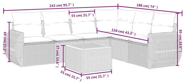 VidaXL 7 db fekete polyrattan kerti kanapégarnitúra párnákkal