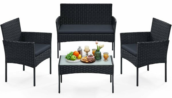 4 személyes kerti bútorszett, kanapé, 2 szék és üveglapos asztal, PE rattan, fekete és szürke