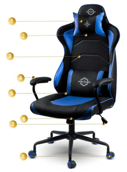 Sofotel Yasuo Gamerszék, állítható ülésmagasság, két párnával, 123x64,5cm, 120kg - Fekete, Kék