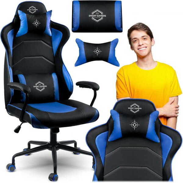 Sofotel Yasuo Gamerszék, állítható ülésmagasság, két párnával, 123x64,5cm, 120kg - Fekete, Kék