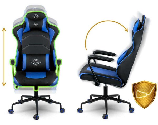 Sofotel Yasuo Gamerszék, állítható ülésmagasság, két párnával, 123x64,5cm, 120kg - Fekete, Kék