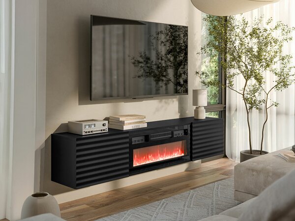 TV-állvány Charlotte 206, Közepes sűrűségű farostlemez, Laminált forgácslap, 37x183x35cm, Fekete