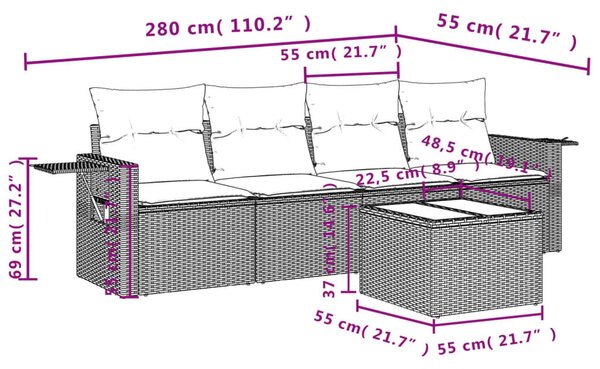 5 db barna polyrattan kerti kanapégarnitúra párnákkal