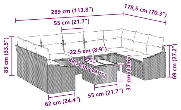 VidaXL Kanapé Szett párnával 10 pcs Fekete polirattan