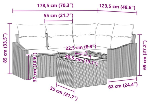 VidaXL Kanapé Szett párnával 5 pcs Fekete polirattan