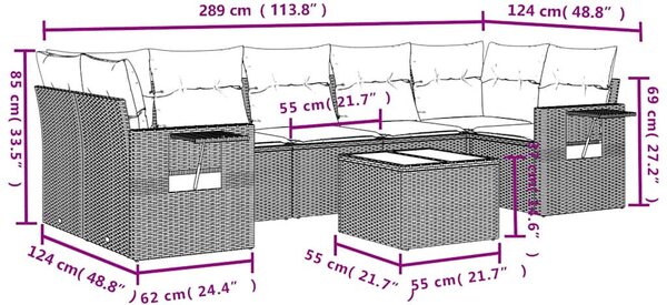 8 db fekete polyrattan kerti kanapégarnitúra párnákkal