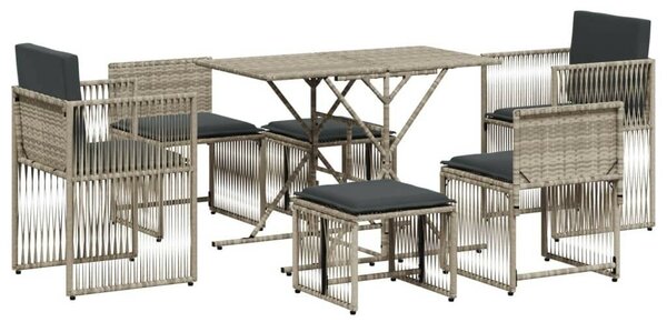 7 részes világosszürke polyrattan kerti étkezőszett párnával