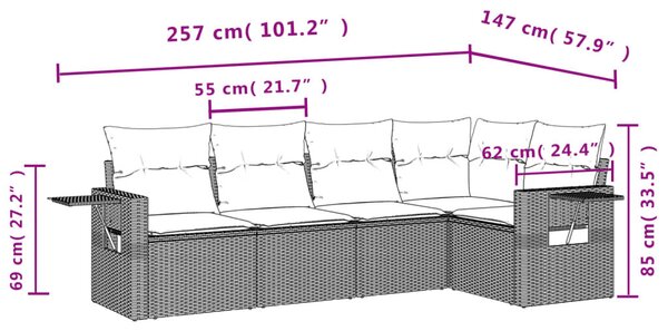 VidaXL 5 db barna polyrattan kerti kanapégarnitúra párnákkal