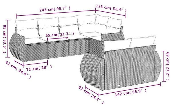 VidaXL 7 db szürke polyrattan kerti kanapégarnitúra párnákkal