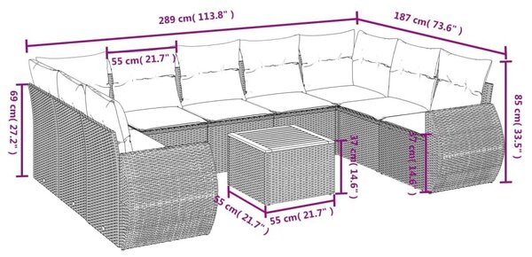 VidaXL 10 db szürke polyrattan kerti kanapégarnitúra párnákkal