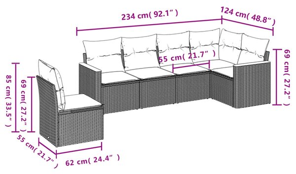 VidaXL 6 db fekete polyrattan kerti kanapégarnitúra párnákkal