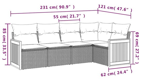 VidaXL 5 db fekete polyrattan kerti kanapégarnitúra párnákkal