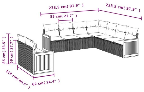 VidaXL 9 db szürke polyrattan kerti kanapégarnitúra párnákkal