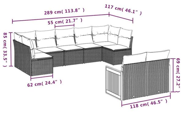 VidaXL 9 db fekete polyrattan kerti kanapégarnitúra párnákkal