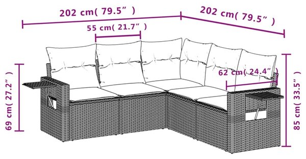 VidaXL 5 db barna polyrattan kerti kanapégarnitúra párnákkal