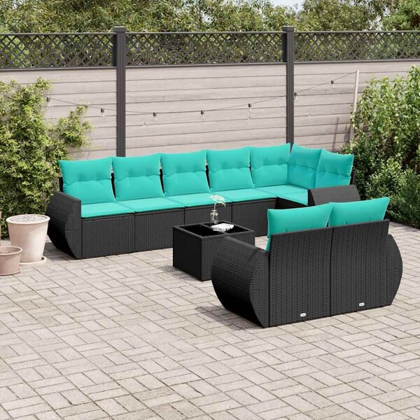 VidaXL 9 db fekete polyrattan kerti kanapégarnitúra párnákkal