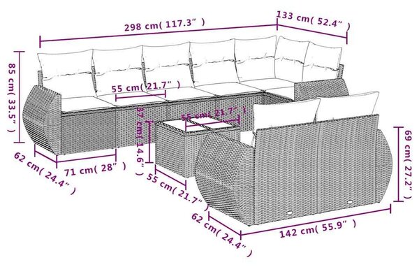 VidaXL 9 db fekete polyrattan kerti kanapégarnitúra párnákkal