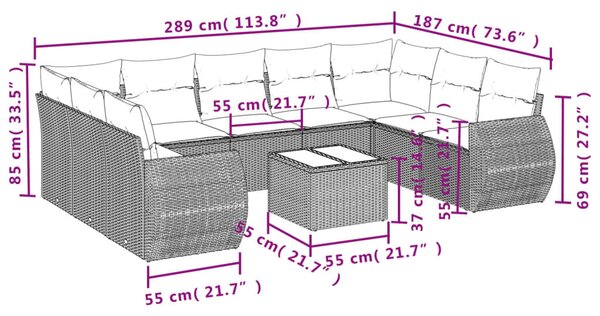 VidaXL 10 db fekete polyrattan kerti kanapégarnitúra párnákkal