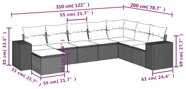 VidaXL 8 db barna polyrattan kerti kanapégarnitúra párnákkal