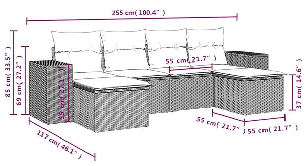 VidaXL 6 db barna polyrattan kerti kanapégarnitúra párnákkal