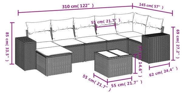 VidaXL 8 db barna polyrattan kerti kanapégarnitúra párnákkal