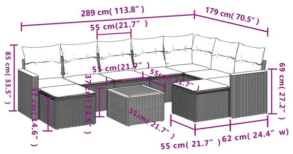 VidaXL 10 db szürke polyrattan kerti kanapégarnitúra párnákkal