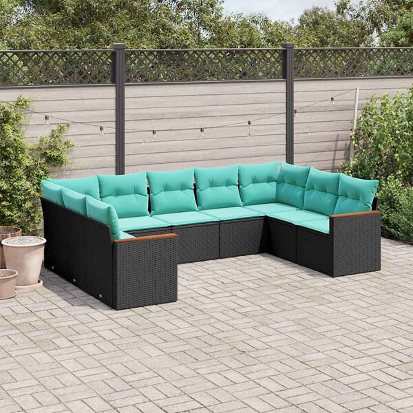 VidaXL 9 db fekete polyrattan kerti kanapégarnitúra párnákkal