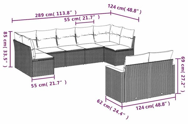 VidaXL 9 db fekete polyrattan kerti kanapégarnitúra párnákkal