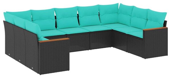 VidaXL 9 db fekete polyrattan kerti kanapégarnitúra párnákkal