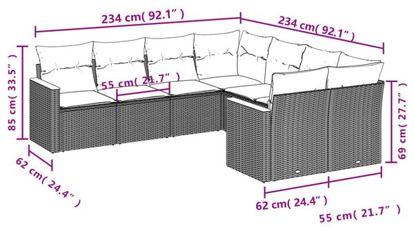 VidaXL 8 db szürke polyrattan kerti kanapégarnitúra párnákkal