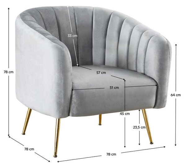 Design fotel, szürke Velvet szövet/gold króm-arany, BAGY
