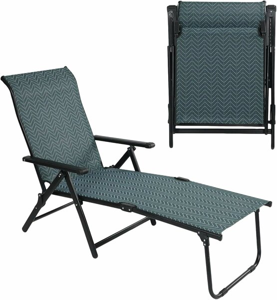 Összecsukható kerti napozóágy strandoláshoz állítható strapabíró zöld 88x66 cm — összecsukható kerti nyugágy, állítható partszéki nyugágy, zöld fém nyugágy, terasz nyugágy 5 fokozatú