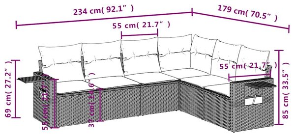 VidaXL 6 db barna polyrattan kerti kanapégarnitúra párnákkal