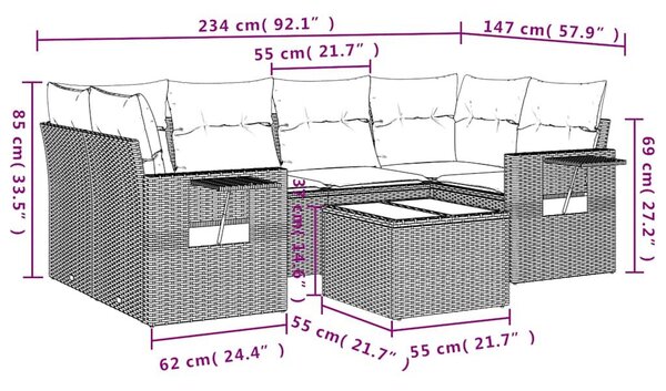 VidaXL 7 db barna polyrattan kerti kanapégarnitúra párnákkal