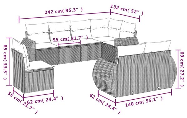 VidaXL 8 db fekete polyrattan kerti kanapégarnitúra párnákkal