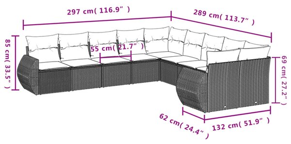 VidaXL 10 db barna polyrattan kerti kanapégarnitúra párnákkal