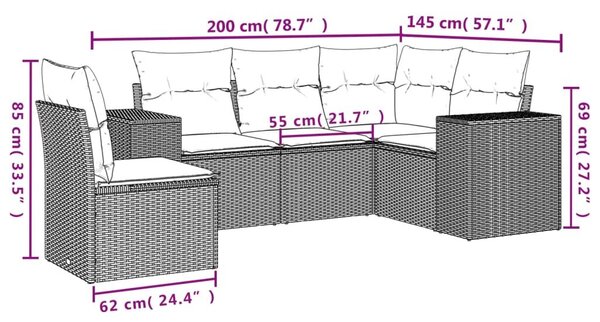 VidaXL 5 db barna polyrattan kerti kanapégarnitúra párnákkal
