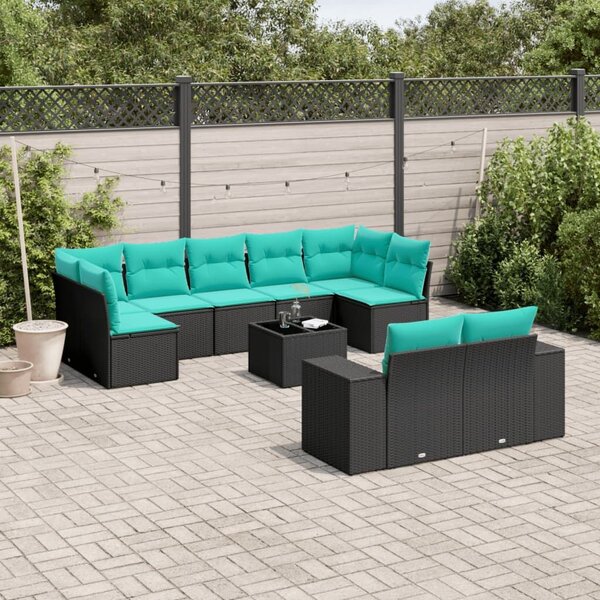 VidaXL 10 db fekete polyrattan kerti kanapégarnitúra párnákkal