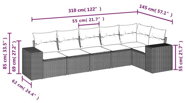 VidaXL 6 db szürke polyrattan kerti kanapégarnitúra párnákkal